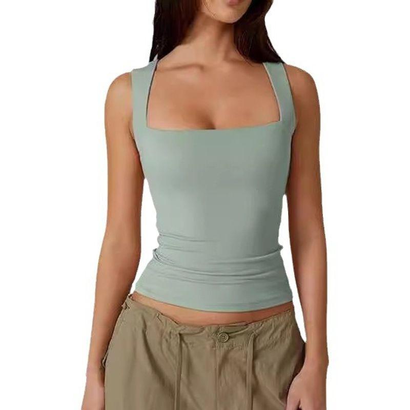 Solid Color Square Neck Sleeveless Top Solid Color Square Collar Slim Fit Sleeveless Top Female