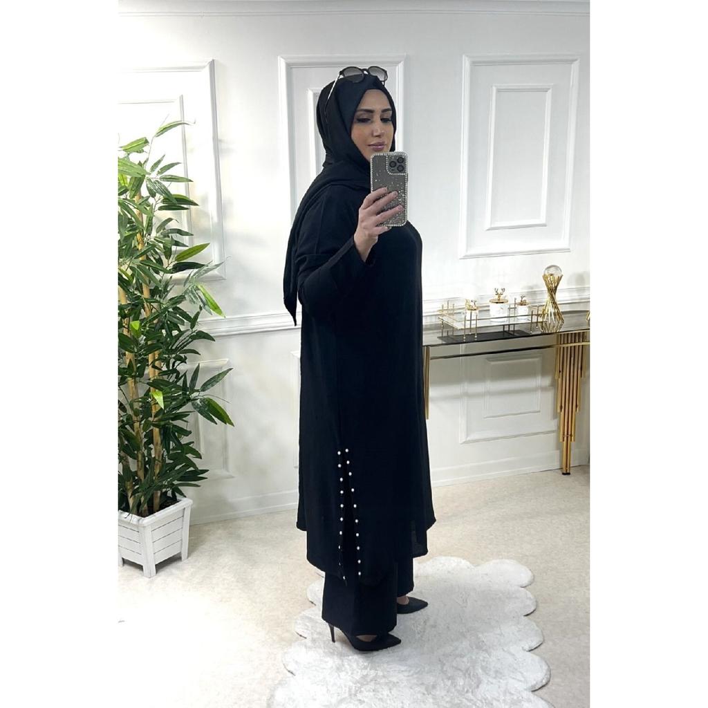 Large Size Pearl Suit With Slits On The Sides - Black