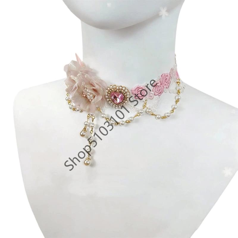 Lady Chokers Gothic Women Neck Jewelry Accessory Girl Lace Gothic Vintage Sexy Fashion Rose Pearls Beads Flower Necklace