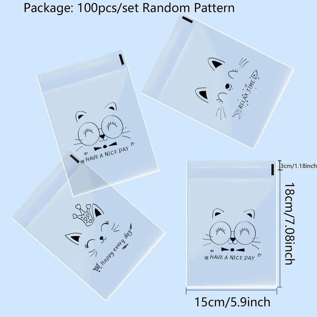 100PCS Transparent Self-adhesive Candy Gift Bags Cute Bunny Cat Bear Animal Bread Toast Cookies Baking Packaging Bag Supplies