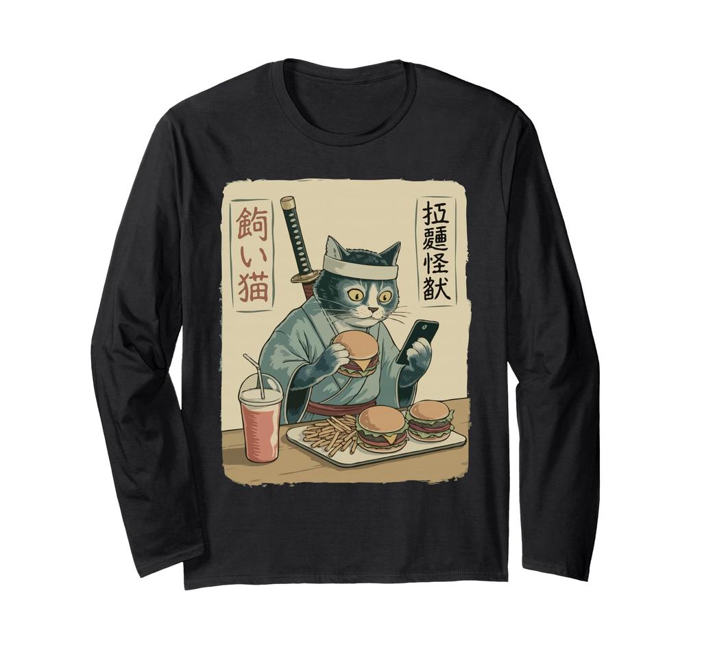 Japanese Style Long Sleeve Samurai, Cat, Ninja, Hamburger, Fries, Smartphone, T-Shirt