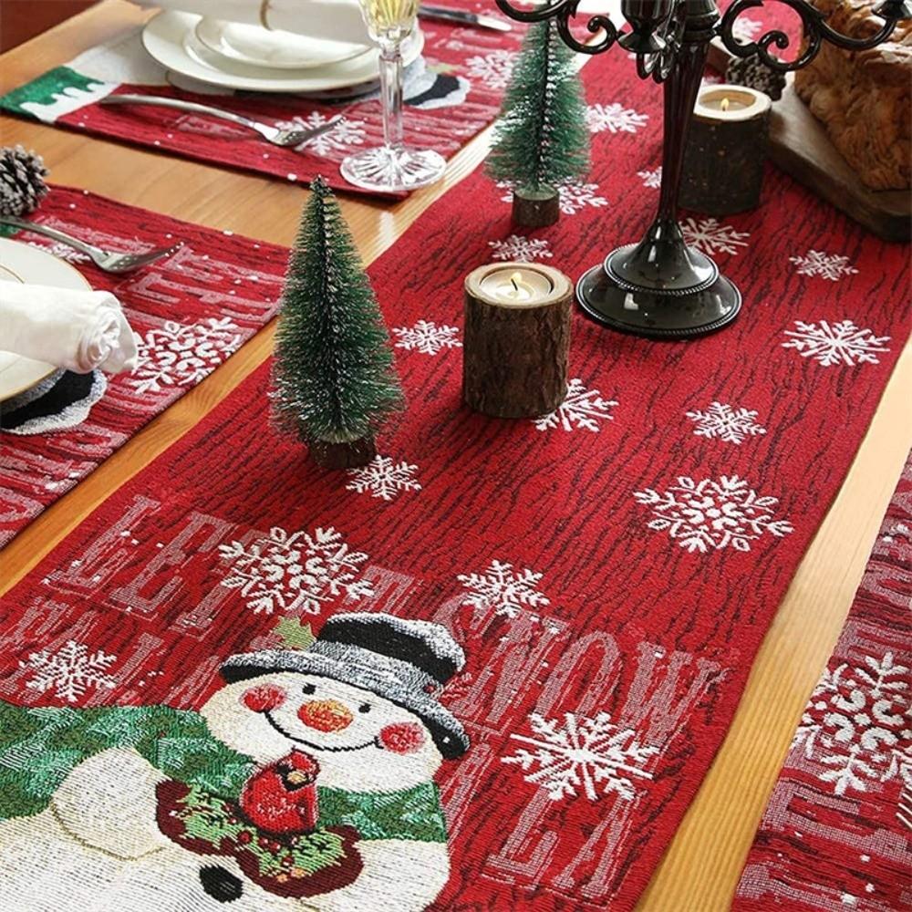 Red Christmas Table Runner Tree Santa Claus Tablecloth Flower Linen Table Cover  Christmas Eve