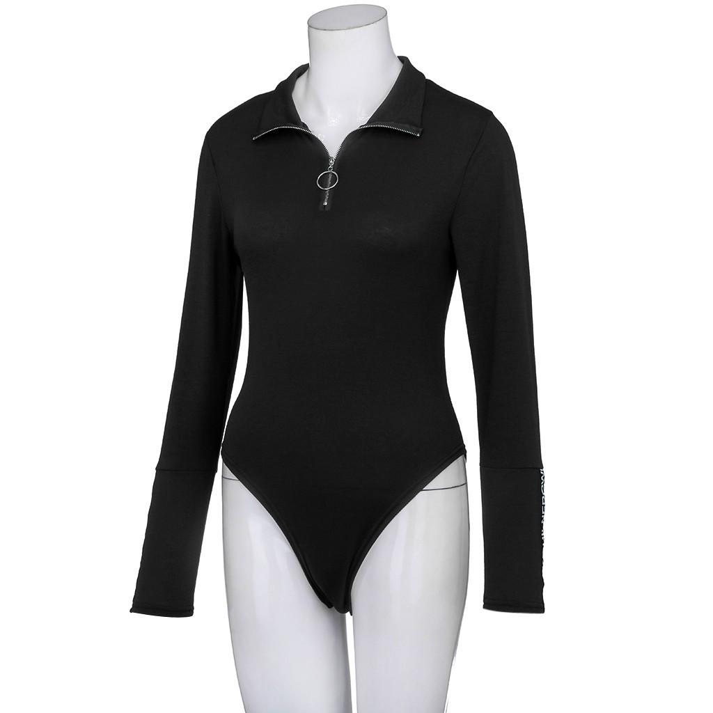 Buy Women's Fashion Slim Zipper Bodysuit High Collar Long Sleeve ...