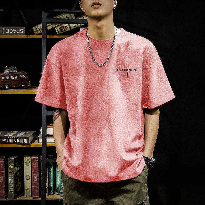 Fashionable Brand Pixie Letter Printed Suede T-shirt Men's Summer American Loose Casual Versatile Half-sleeved Shirt