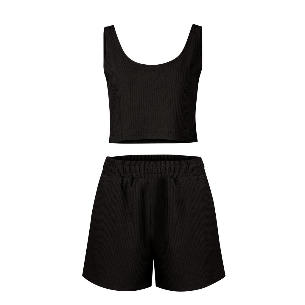 Women's Knit 2 Pack Sleeveless Cropped Tank Top Shorts Set Casual Summer Streetwear