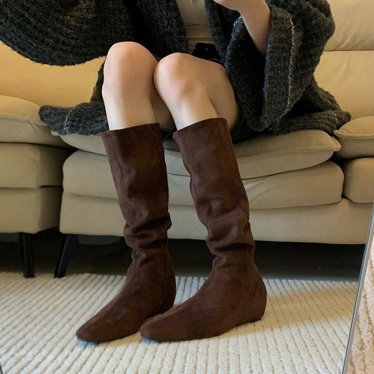 Cowhide Version! Yadan Style Western Cowboy Boots Women's Retro Niche Large Tube Circumference Thin Inner Height Increasing Pleated Stacking Boots