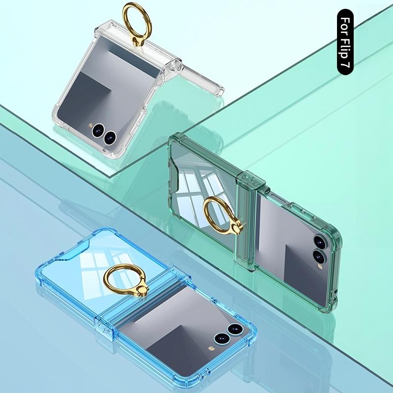 Luxury Ring Holder Armpr Hinge Protection Phone Case for Samsung Z Flip 7 6 5 Z Flip7FE Clear Shockproof Transparent Back Cover