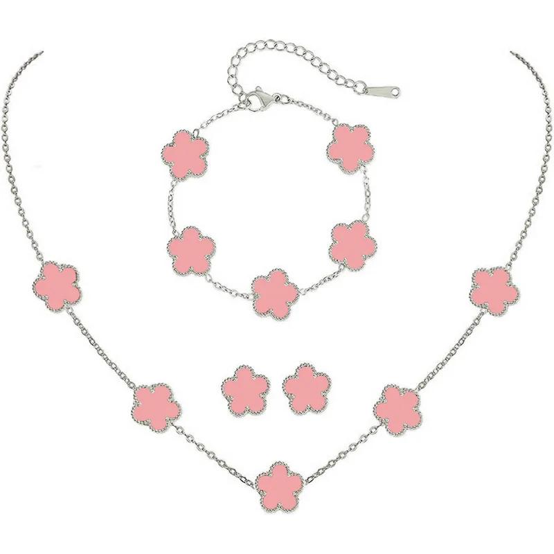 Conjunto de Joias Trevo Cor Prata para Mulheres Aço Inoxidável Hipoalergênico À Prova D'água Brincos Flor Colar Corrente Pulseira Novo