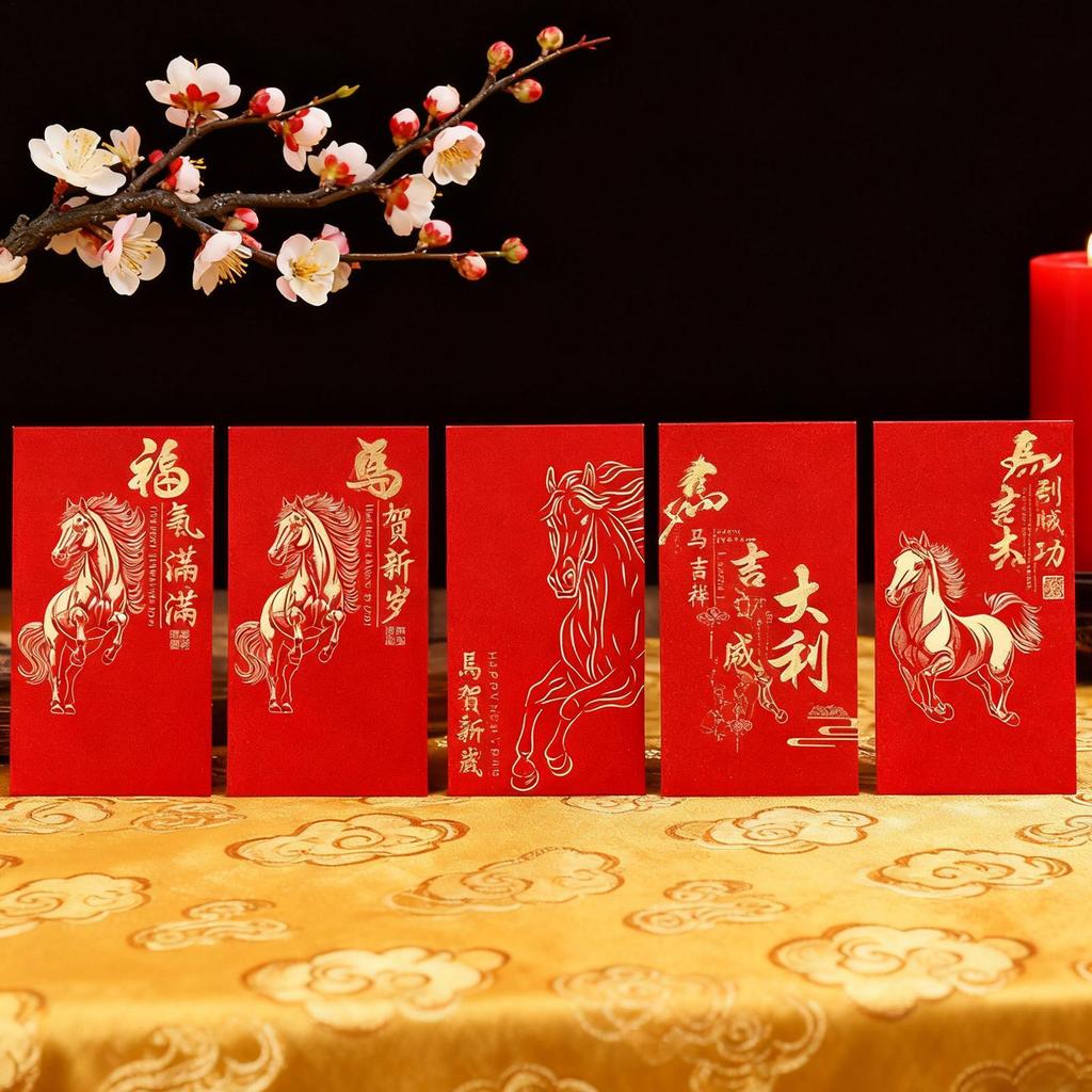 Röda kuvert för pengar 6 stycken Hästdesign Ficka 2026 Lyckosam molnmönster Kinesiskt nyår Röda kuvert för pojkar flickor