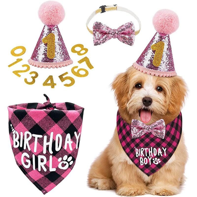 Dog Birthday Party Supplies Bandana Scarf Shiny Dog Crown Hat Pet Bow Collar Set of Include 0-8 Figures Pet Adorable Clothing Accessori