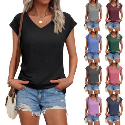 Women's Summer Fashion V-neck Solid Color Short Sleeve T-Shirt Casual Top