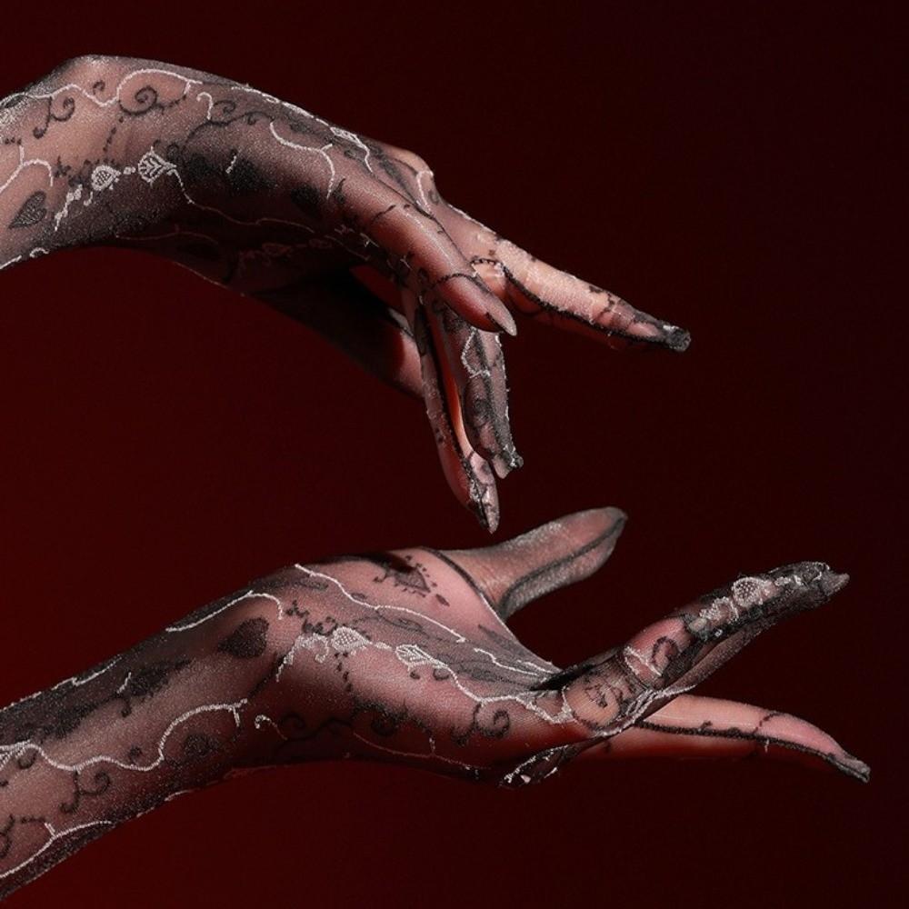 Ultra Thin Sheer Long Gloves Floral Printing Dance Gloves Shiny Oil Shiny Gloves Dance Performance