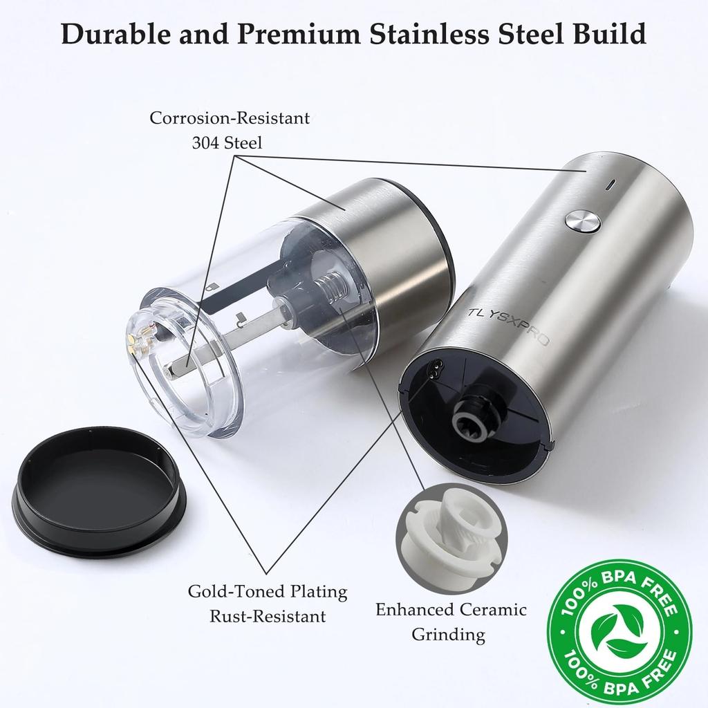 Electric Pepper Mill, USB Rechargeable Automatic Salt and Pepper Grinder - Adjustable Coarseness, LED Light, Refillable (Set of 2, Stainless Steel)