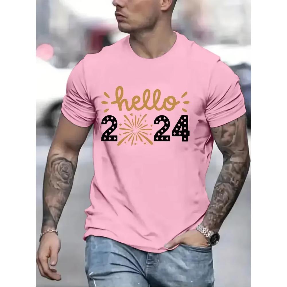 Hello 2024 Print Men Women T-shirt Happy New Year Eve Party Unisex Tops Casual Short Sleeve Black T Shirt New Year Holiday Tees