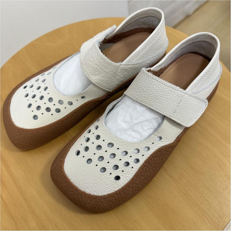 

Johnature, женские туфли на плоской подошве из натуральной кожи ручной работы с квадратным носком, полые сандалии из воловьей кожи 40 бежевый