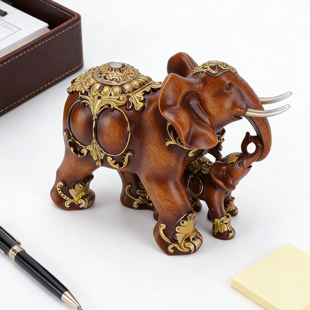 Mother and Baby Elephant Statue Resin Animal Sculpture for Family   Desk Decoration Imitation Wood Grain