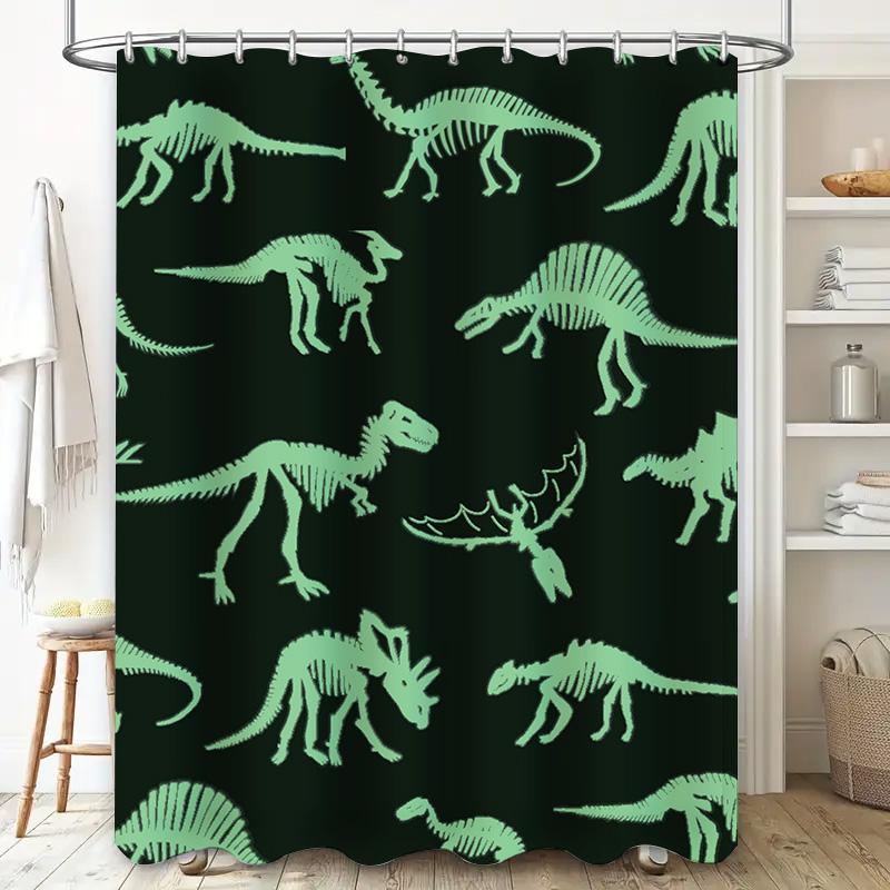 Grüner Dinosaurierskelett-Druck Badezimmer-Duschvorhang für Kinder Heimdekoration Schwarzer Hintergrund mit niedlichem Dinosaurier-Muster Größe: 72x