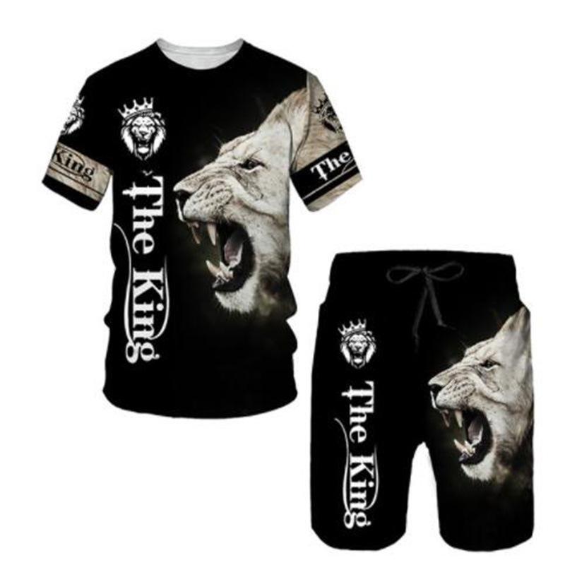 Summer Lion Animal Pattern Printed Men's Casual Comfortable Loose Short Sleeved Two-piece Sport Wear