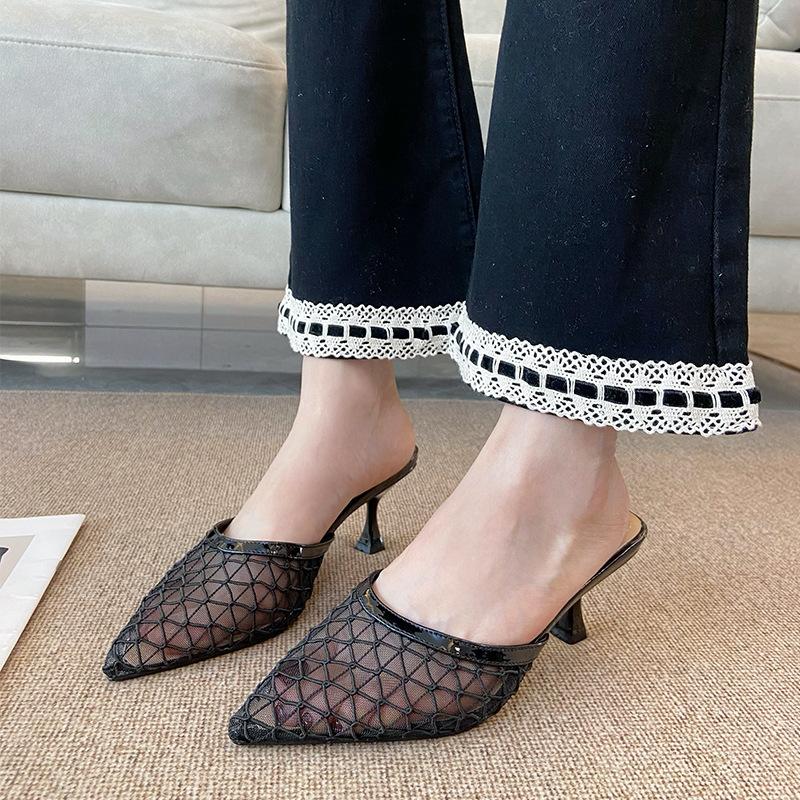 912-W1 Skinny Back Space 2025 Summer New Breathable Hollow Point Thin Heel Wear Mesh Low Heel Sandals Women