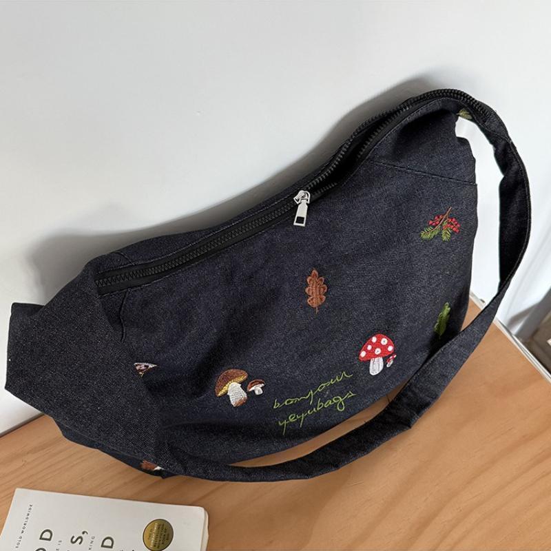 Carto Embroidery Women Denim Shoulder Bags Simple Large Capacity Ladies Underarm Hobos Bag Versatile Girl Tote Handbag Purse