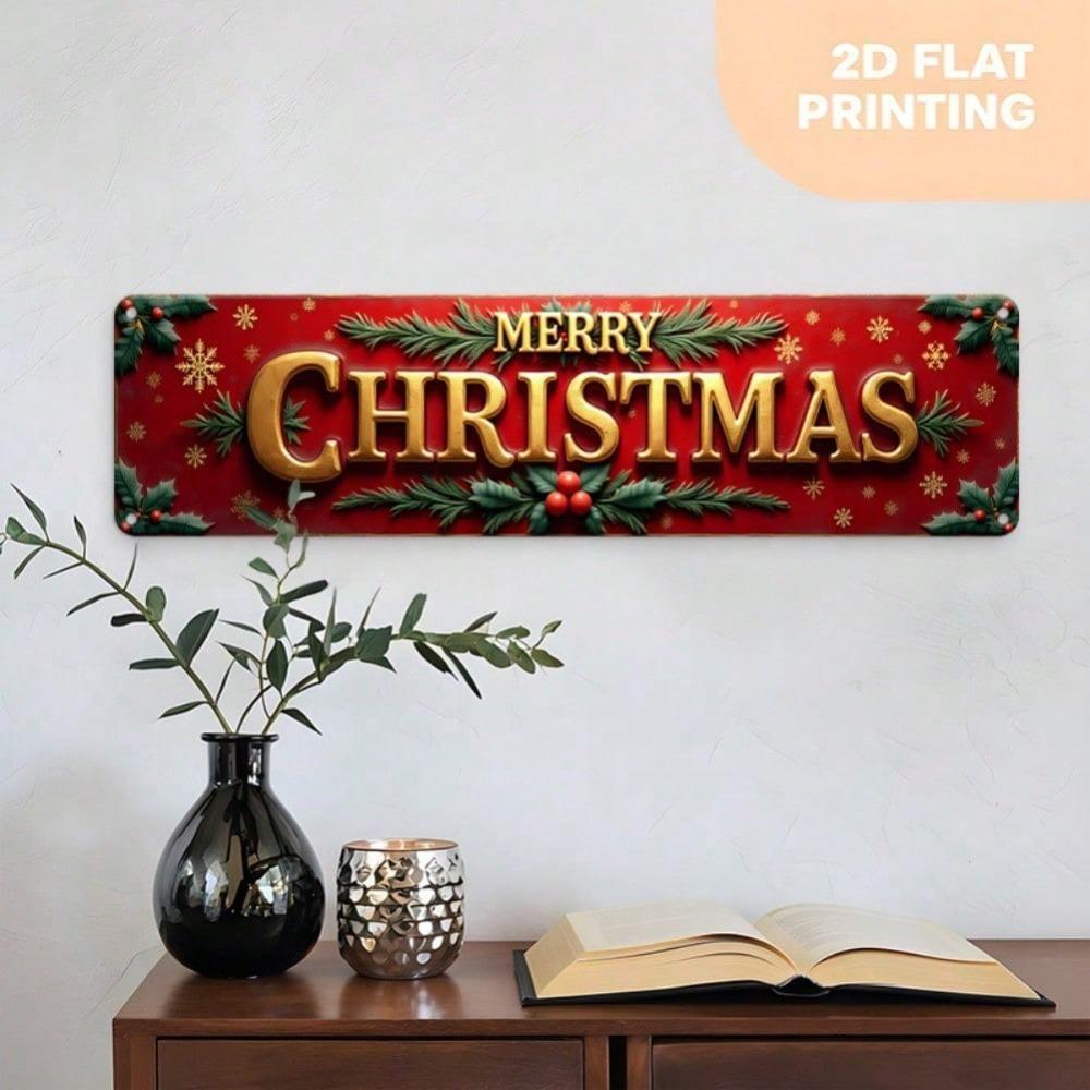 2D Vintage Weihnachts-Blechschild, Rotes Goldenes Feiertags-Wandbild, Frohe Weihnachten Schriftzug, Vorgebohrte Aluminium-Dekoration