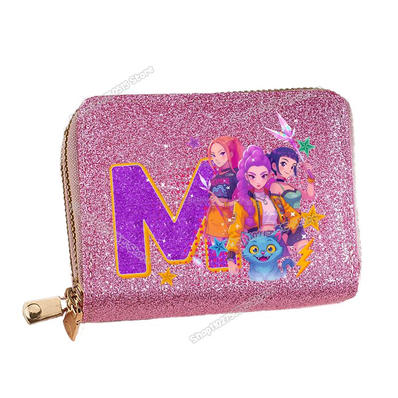 Korean Pop Demon Hunters Letter A-Z Women Short Wallet Bling Sequin Pu Leather Wallets Zipper Coin Purse ID Card Holder Girl Purse