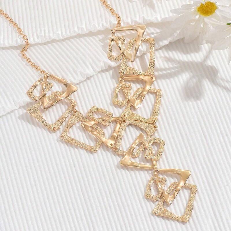 Geometric Pendant Necklace Women Gold Tone Alloy Triangle Rectangle Cutout Statement Chain Jewelry Gold