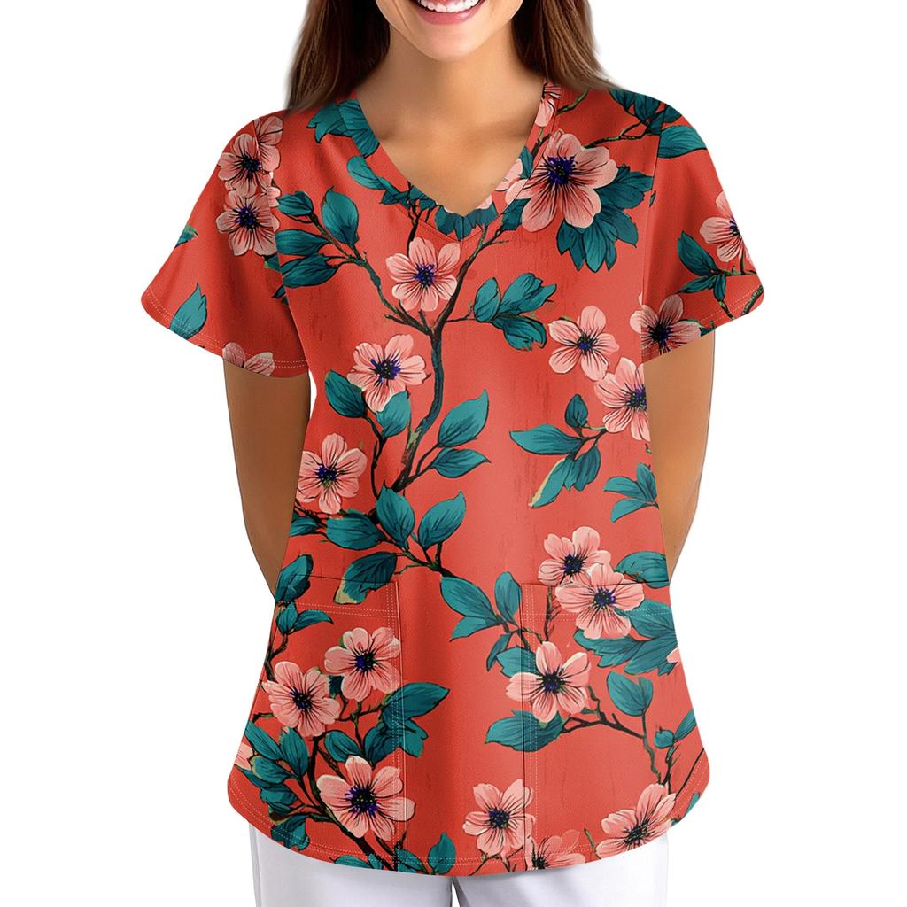 Women's Floral Print Loose Fit V Neck Short Sleeve Medical Scrub Top with Pockets for Healthcare Professionals Lightweight Breathable Fabric