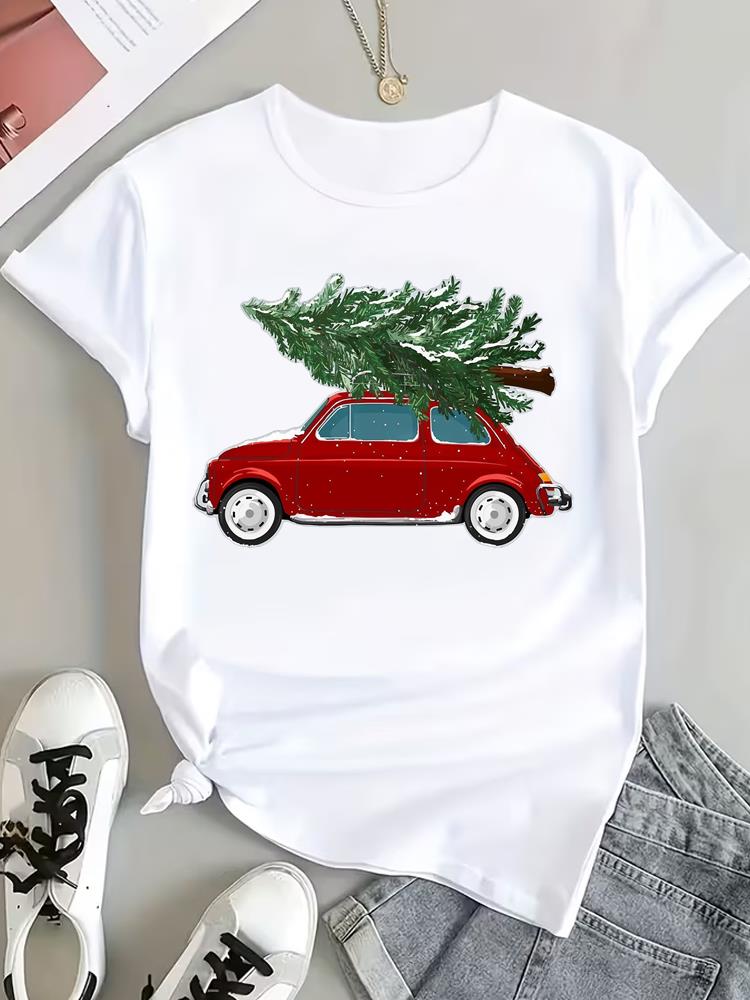 (Asian Size) Watercolor Tree Tee Top Print Christmas New Year Clothing T Shirt Women Fashion Festival Female Woman Short Sleeve Graphic T-shirts