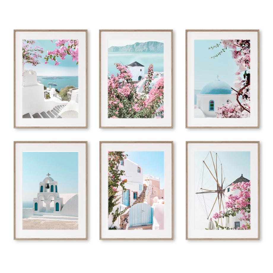 

Санторини Весенний прибрежный цветок Приморский город Скандинавский холст ЖивописьСтенные художественные плакаты и принты Картины для декора гостиной