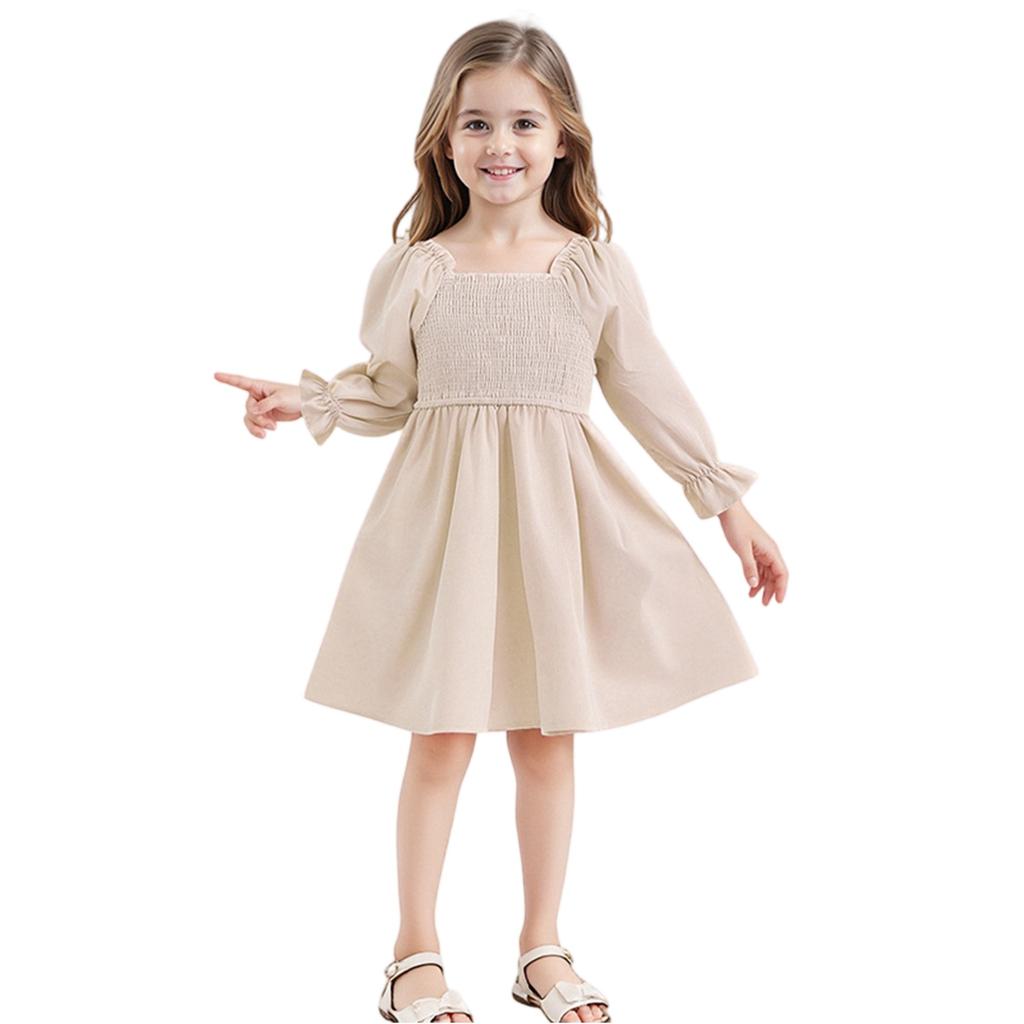 Girls' Fashion Cute Solid Color Square Neck Sleeve Ruffled High-Waisted Lace-Trimmed Full-Skirt Dress
