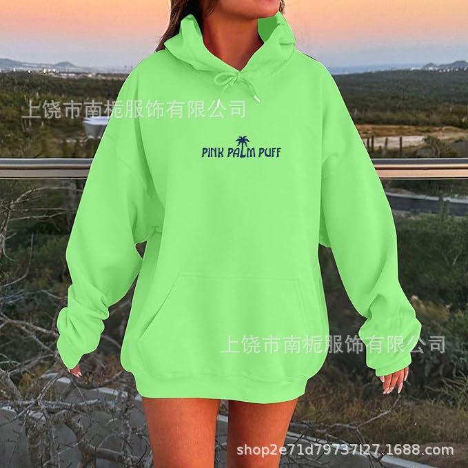 Women's Hooded Long Sleeve Drop Shoulder Pullover Sweatshirt Palm Tree "PINK PALM PUFF" Back Letter Print Casual Hoodie
