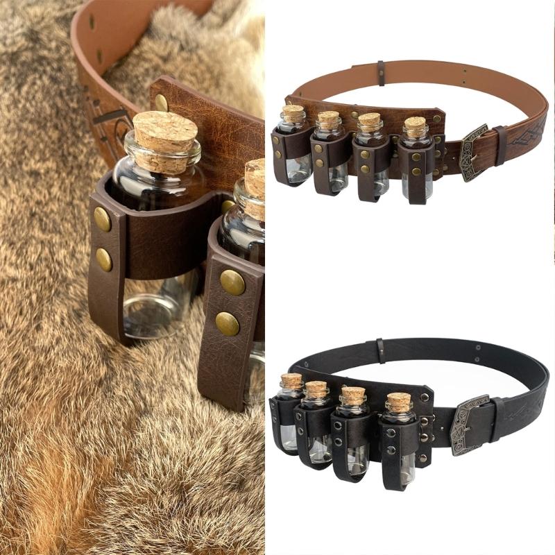 Renaissances Vikinges Costume Accessory,Medieval Pirate Leather Belt Cork Bottles Halloween Renaissances Cosplay Costume
