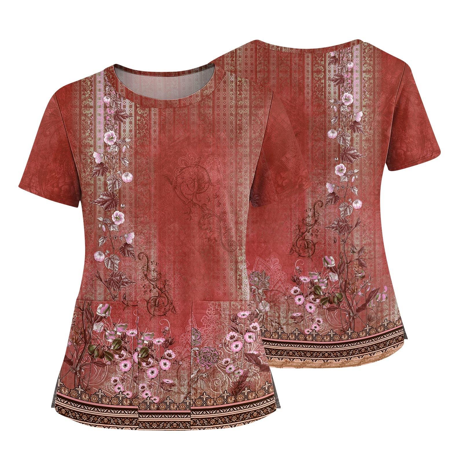 

Женская модная футболка с принтом, круглым вырезом, карманом, короткими рукавами и разрезом по низу, униформа и рабочая блузка XL красный