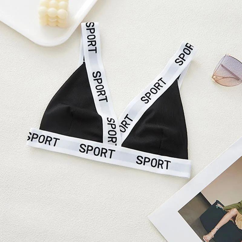 Letter Strap Deep V Ultra-Thin Back Closure Sports Bra, Triangle Cup Push Up Back Smoothing Yoga Fitness Women Bra S