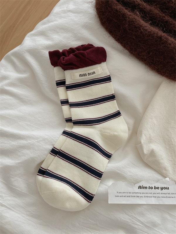 Boneless Striped Socks Women'S Contrast Color Double Luo Mouth Letter Cloth Label Mid-Tube Socks Cotton Sweat-Absorbing Breathable Pile Socks