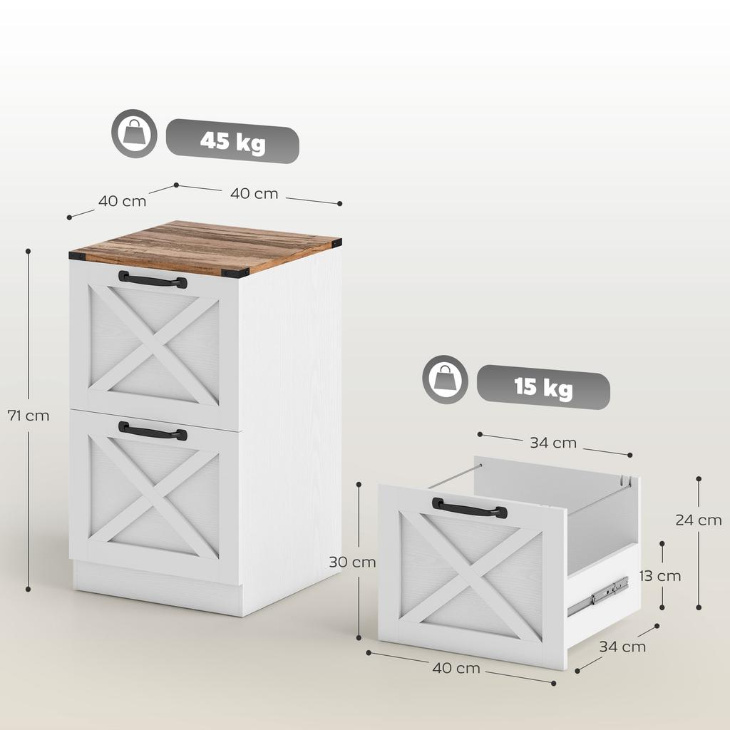 Office Filing Cabinet, 2 Drawers, Hanging File Holders, Letter/A4, 40 x 40 x 71 cm, White