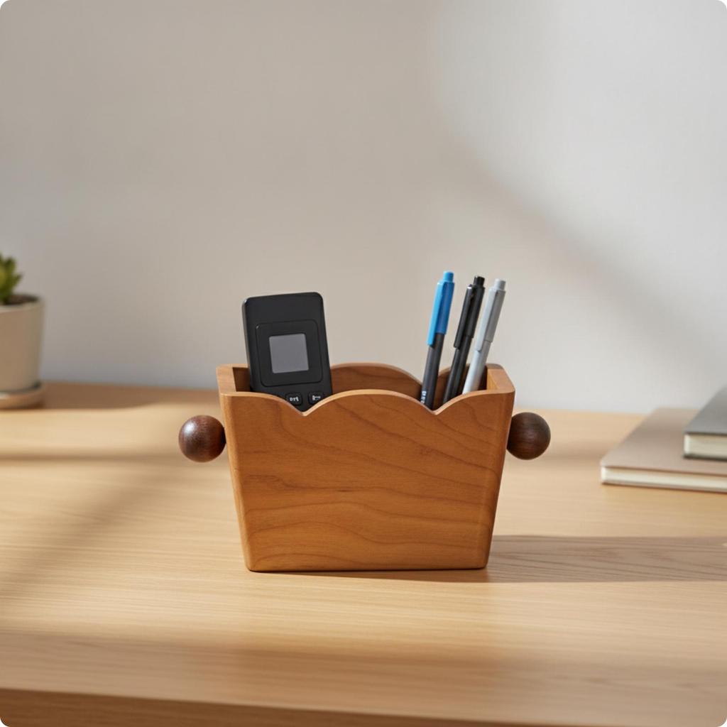 Solid Wood Desktop Organizer with Two Compartments OpenTop Wooden Desk Holder Side Knobs