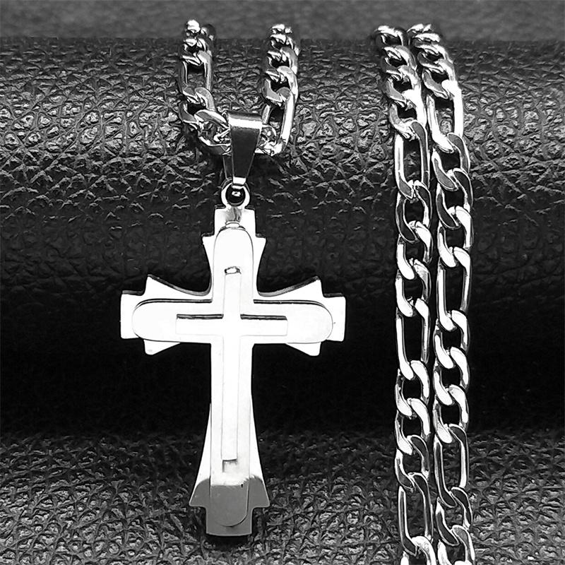 Hip Hop Christian Jesus Cross Necklace for Women Men Stainless Steel Silver Color Choker Prayer Baptism Gift Jewelry 8225-QKC