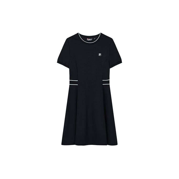 Fila Solid Color Logo Elegant Sports Casual Breathable Knitted A-Line Short Sleeve Dress Women Dresses Legendary-Blue F11W237308FNV