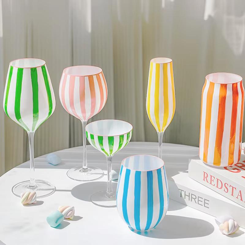 Hand Painted Colorful Striped Cocktail Goblet Water Cup Creative Red Wine Glass Set Party Wedding Barware
