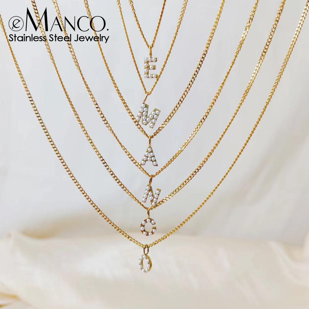 eManco DIY Imitation Pearl Letter Pendant Stainless Steel Cuban Chain Necklace Women's Gold Plated Accessories 48 Hour Shipping