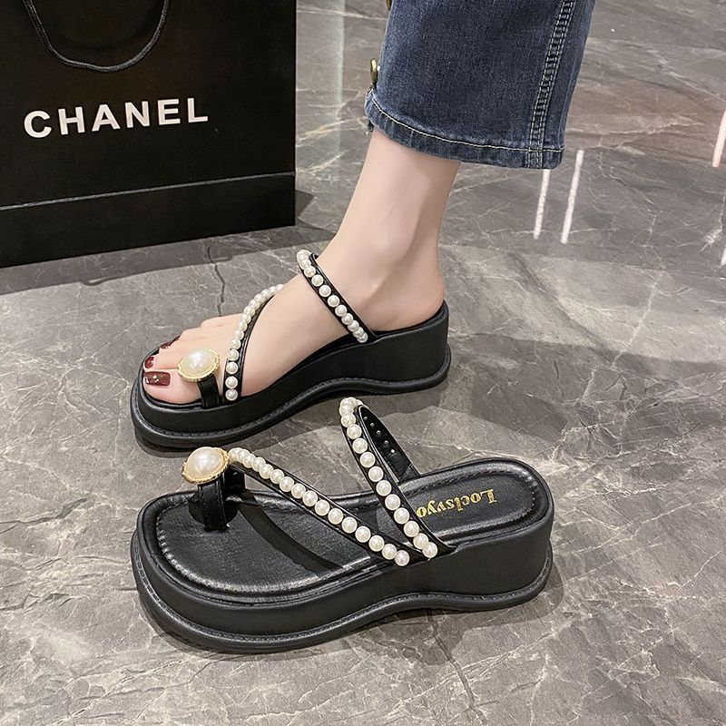 

Design sense niche high-heeled sandals new wedge heel cover toe wear slippers fairy thick bottom French one-word 40