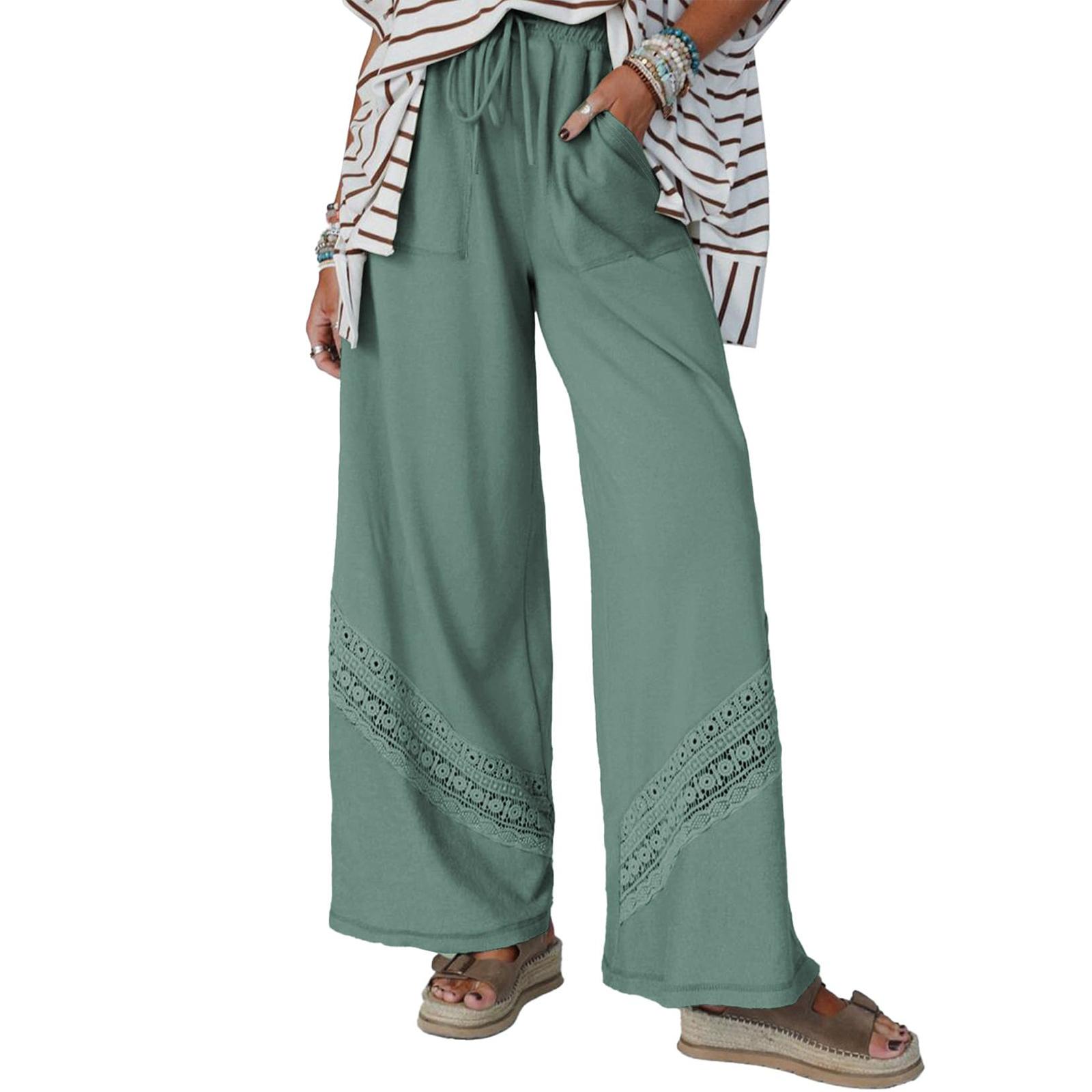 

Women Loose Fit High Waist Wide Leg Pants Casual Trousers Lightweight Breathable Fabric Elastic Waistband Comfortable Fit L зелёный