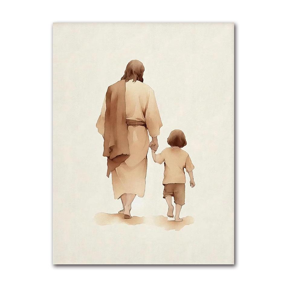 Sheep Kids Back Shadow Poster Print Canvas Printing Wall Art Picture for Living Room Nursery De Watercolor Christianity Jesus