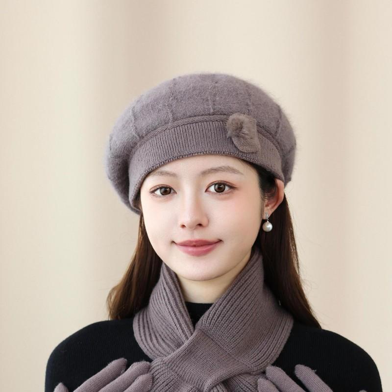 Womens Knitted Beret Hat Winter Warm Rabbit Hair Beanie With Scarf Gloves Set British Style Elegant Cap Cold Weather