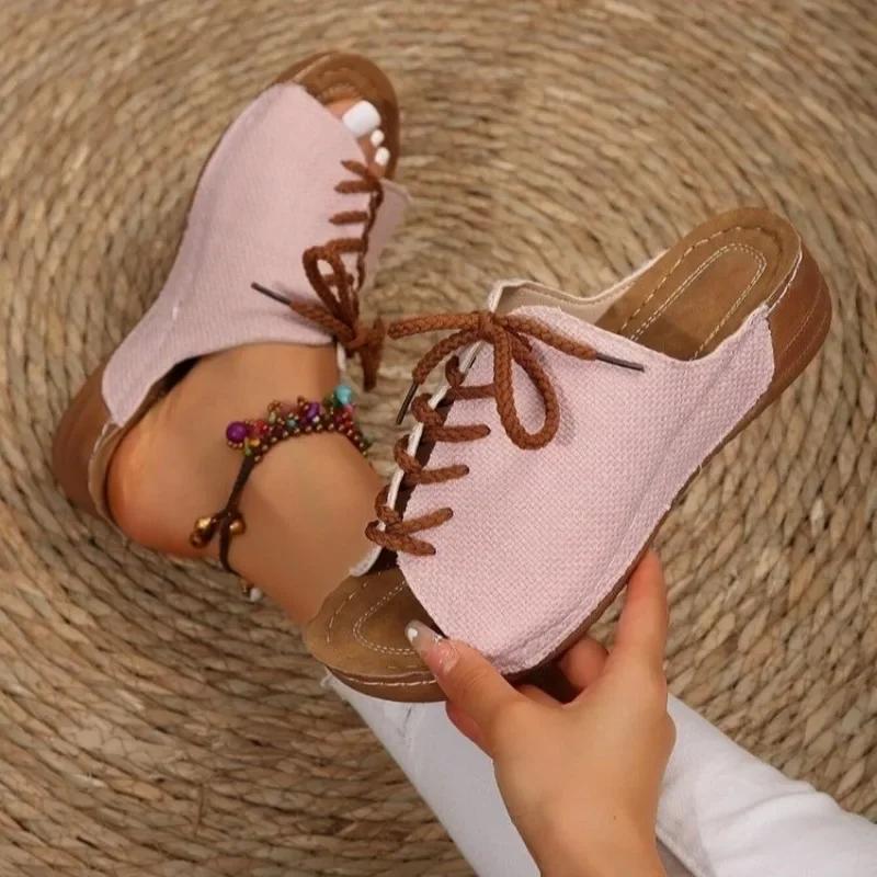 Fashion 2024 Summer Wedges Slipper New Thick Soles Casual Zapatos De Mujer Gladiator Lace Up Peep Toe Linen Cloth Heeled Sandals Slides