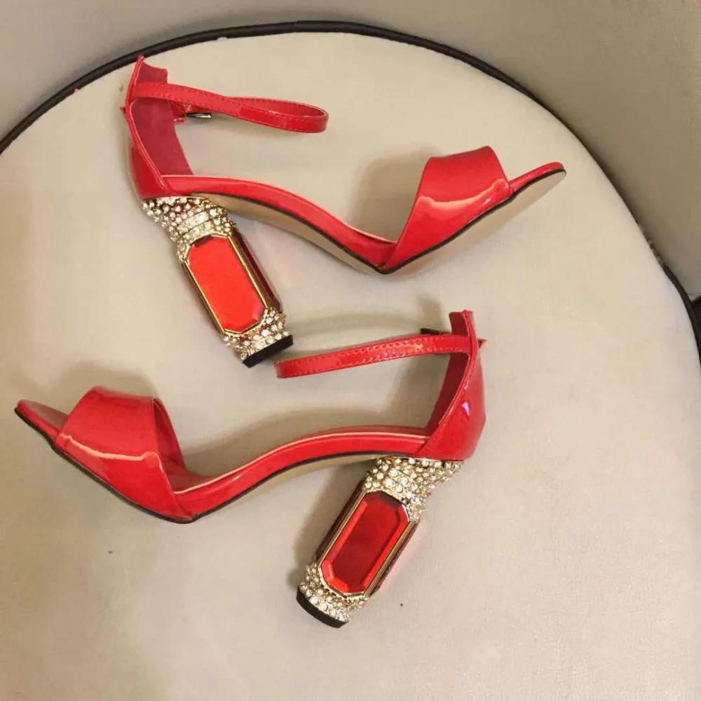 Red Patent Leather Gemstone Rhinestone Heel Bling Bling Women Sandals Ankle Strap Open Toe Chunky Heel Summer Sandals