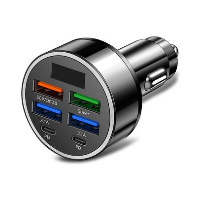 100W 6-Ports Usb Type-C Car Charger With Voltage Display Pd Fast Charging Power Adapter For Iphone Android Smart Phone Tablet