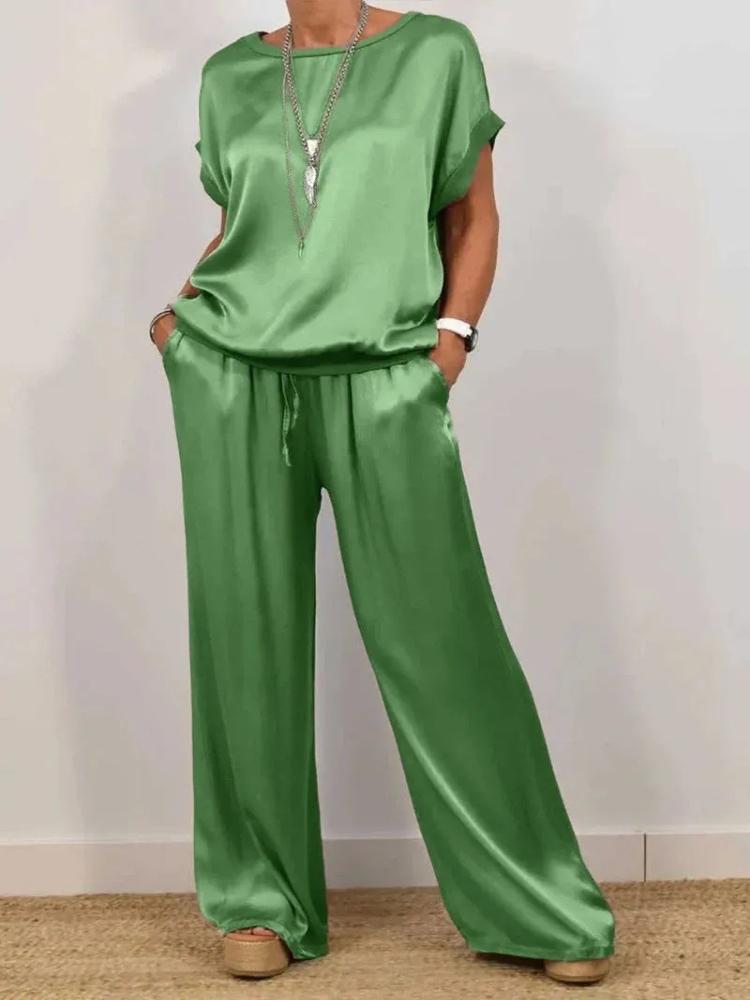 White Oversized Short Sleeve Shirt and Off-White Wide Leg Drawstring Pants Set